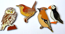 4 X Bird Badges ~ Owl, Wren, Waxwing & Puffin