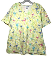 SB Brand Multicolor Flamingo Print Womens Scrub Top Size L Yellow