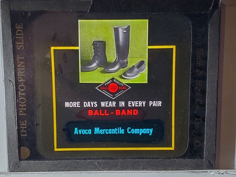 BallBand Footwear, Avoca Mercantile Co, Wisconsin, Magic Lantern Glass