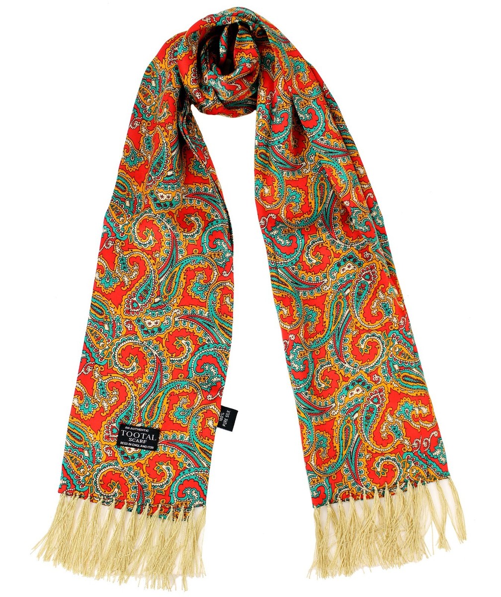 Tootal Mens Retro Red/Gold/Green Paisley 100% Silk Scarves UK