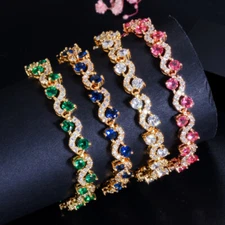 Red Blue Green White Crystal Bracelet CZ Round Tennis Gold Plated Beauty Jewelry