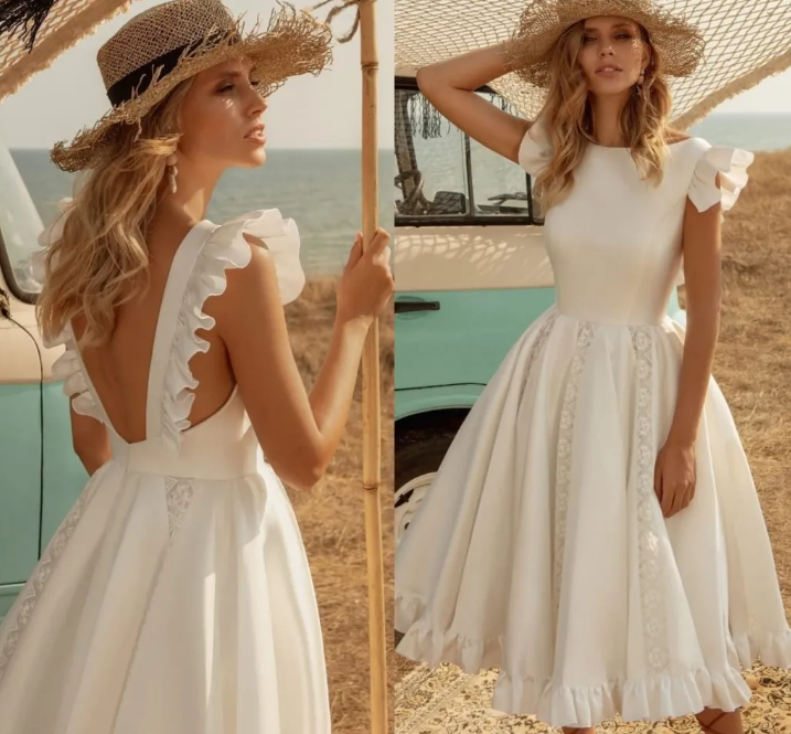 Short Wedding Dresses For Bride Knee Length Satin White Sleeveless Bridal Gowns