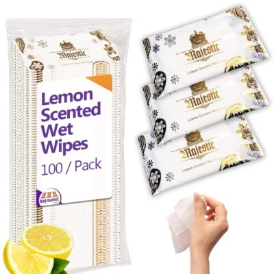 500 Lemon Scented Large Wet Wipes - Individual, Microwavable, Takeaway, Majestic