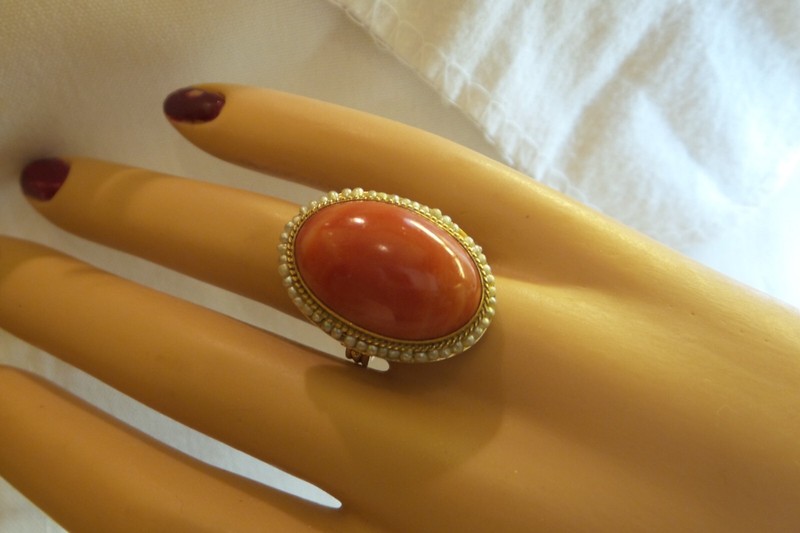 Large Estate 1970's 14kt Genuine 11 Carat Orange Salmon Color Ring, Seedpearls