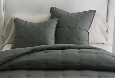 One Pottery Barn Belgian Linen Tufted Quilted Euro Sham dark forest