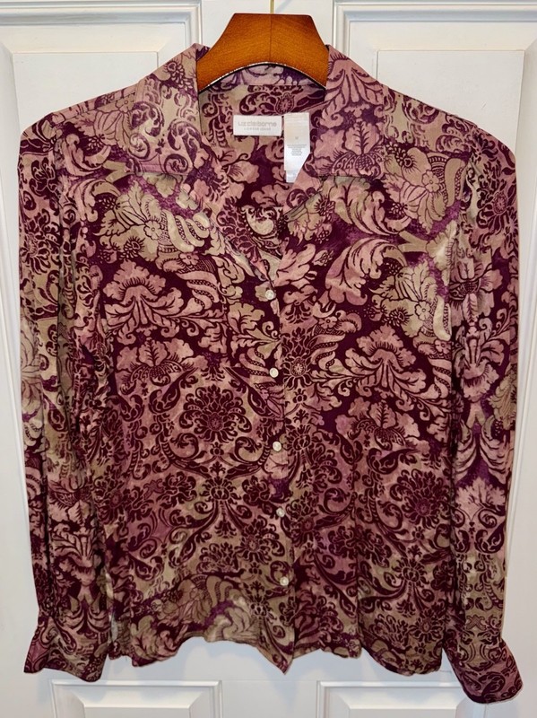 Liz Claiborne Womens Rayon LS Button Up Maroon Beige Abstract Blouse Shirt M