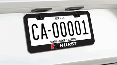 Hurst Equipped Badge Style License Plate Frame - Black Metal with Screws & Caps