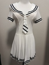 Final sale Cosplay White Satin Pleated Bow Sailor Collar Short Sleeve Dress