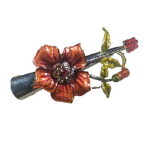 Hair Barrette Alligator Clip Silver Tone Red Rhinestone Orange Flower Green...