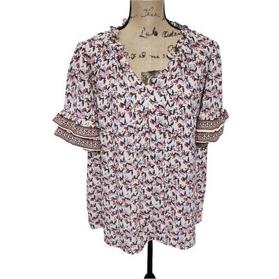 Max Studio Womens Floral Ruffle Sleeve Split Neck Blouse White Red Blue 2X