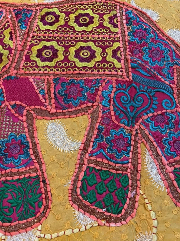 Vintage Rajasthani Patchwork Tapestry India Elephant Embroidered Metallic 36x25” - Image 2 of 4