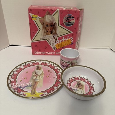 Barbie Dinnerware 3 Pc Set Cup Bowl Plate Used (Cup Has A Crack As Pictured)