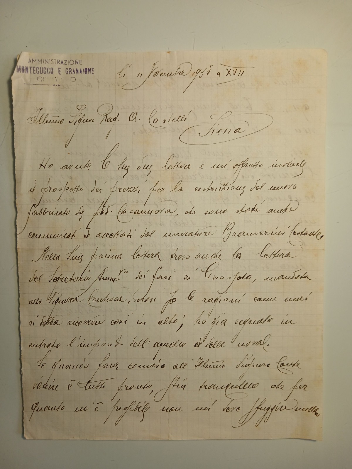 "Lettera Amministrazione Montecucco e Granaione, Contessa Aluffi 1936"