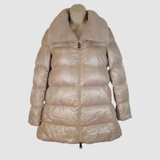 Herno Women Beige Shiny Quilted Down Faux Fur Collar Puffer Jacket Coat Size 40