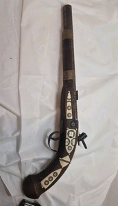 Vintage MOROCCAN Flintlock Pistol Prop Gun Decorative Bone Inlay Wood Metal 17"