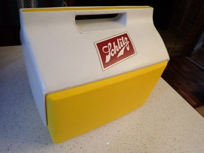 1970's Vintage Hand Held Yellow Schlitz Igloo Cooler Nice & not much usage wear