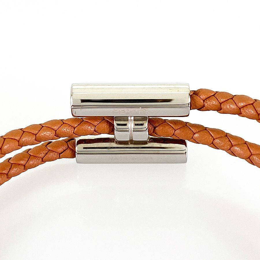 Hermes Tournis Tresse Bracelet Metal Leather Silver Brown 6.7in Pre owned thumbnail 5