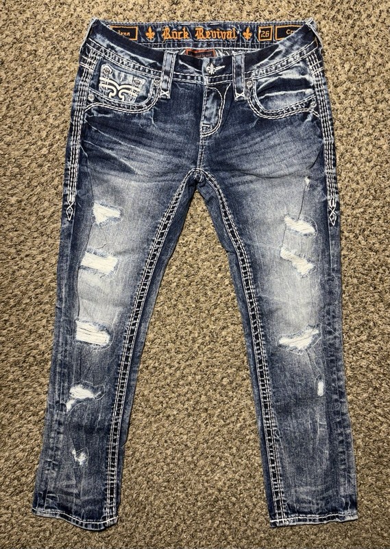ROCK REVIVAL JENA Crop Stone Wash Stretch Distressed Denim Blue Jeans 26 27x24
