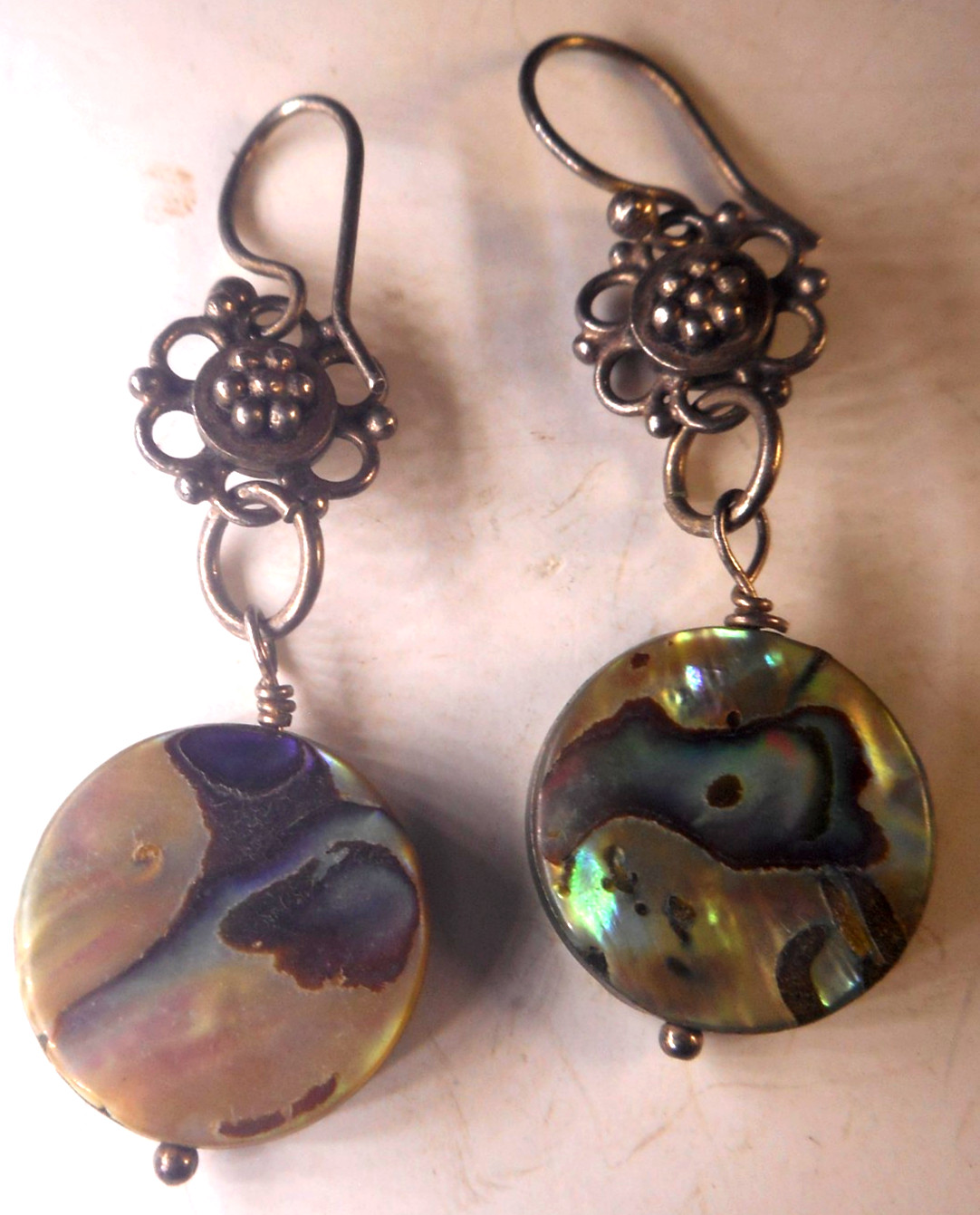 Vtg Silvertone Round Abalone Drop Dangle Hook Ear… - image 1