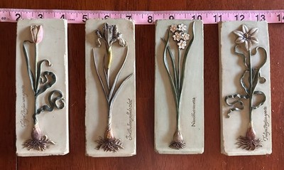 4 Tile Plaques Ibis & Orchid Design Tulip Iris Narcissus Flowers 3D Grandma Core