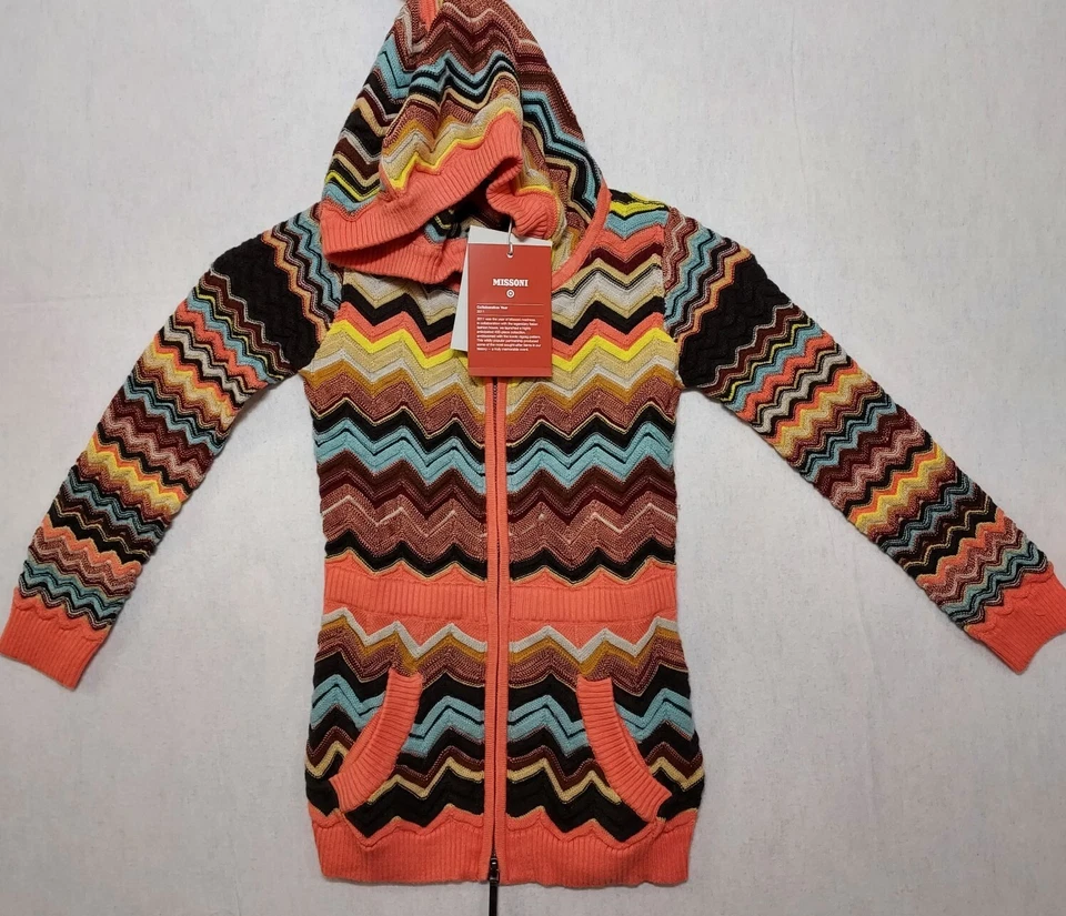 NUEVO CON ETIQUETAS Missoni Chaqueta Suéter con Capucha para Niña Talla XS Cremallera Completa Tejido Chevron Boho Otoño Foto 2 de 4