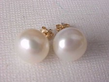 10MM AAA GENUINE WHITE PEARL STUD EARRINGS SOLID 14K YELLOW GOLD