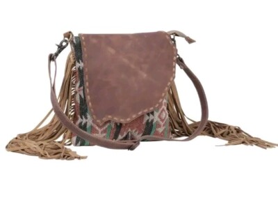 Myra Concealed Carry Cross Body Bag, Leather, Woven Upcycled Canvas, Fringe