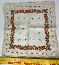 Pink Roses Flowers Green Leaves Cotton Hankie Cotton Handkerchief Vintage