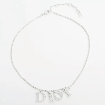 DIOR GALLIANO Choker Necklace Silver Spell Out White Rhinestone