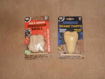 NEW LOT of 2 Dig & smash SHARK TOOTH & DINOSAUR SKULL uncover a mystery treasure
