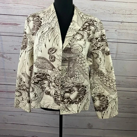 Blazer giacca aperta arazzo stampa pavone floreale pony dipinto vintage taglia media