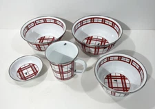 Golden Rabbit Enamelware Plaid Ants Rare Pattern Lot: 3 Bowls 1 Mug & 1 Dish