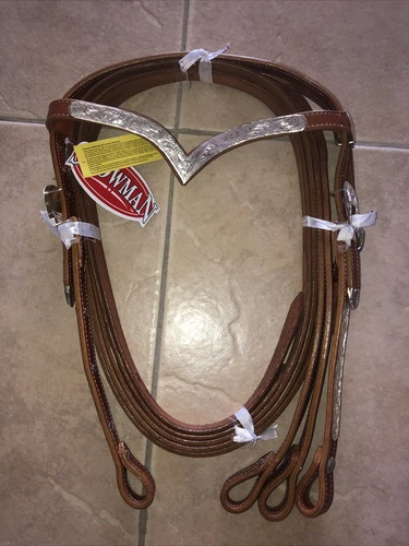 Showman® Leather silver V brow headstall with 7 split reins