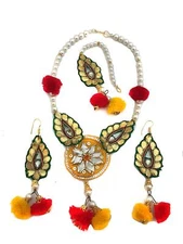 Ambika Designs Yellow Pom Pom And Golden Colour Gotta Handmade Necklace Earring 