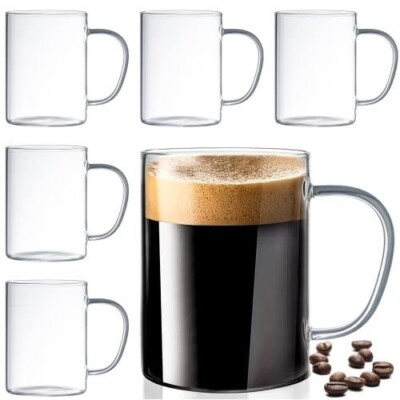RE'RAZE Set of 6 Ultra Durable Sleek Glass Coffee Mugs with Handle,