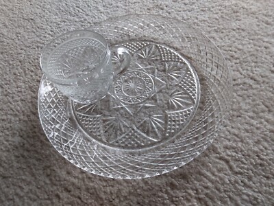 12 Luminarc Cristal 10 1/4'' party Plates Clear Glass Antique Pattern cups set