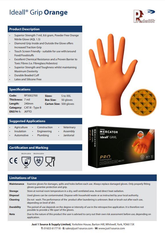 Nitrile Gloves Orange Green Black Mercator Ideall Grip Super Strong S M