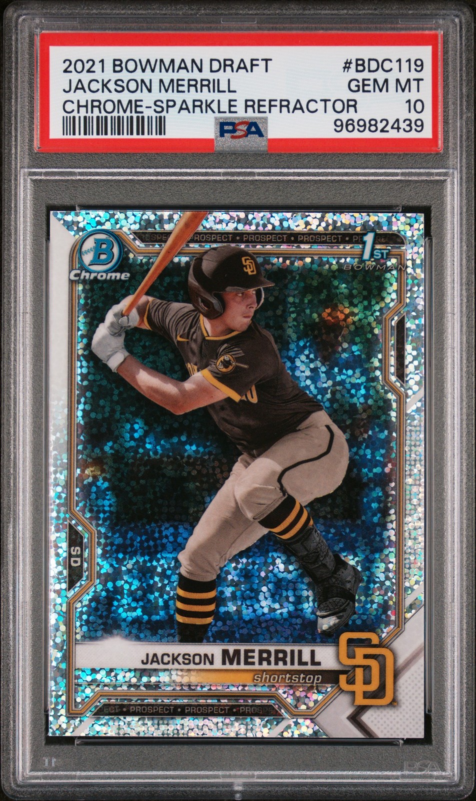 2021 BOWMAN DRAFT CHROME-SPARKLE REFRACTOR #BDC119 JACKSON MERRILL PSA 10