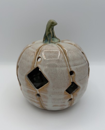 Providence Center White Drip Pumpkin Cutouts Art Pottery Figurine Luminary 6"