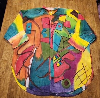 Vintage DILEMMA NEW YORK Art To Wear Shirt Abstract Linen 3/4 Sleeve One Size