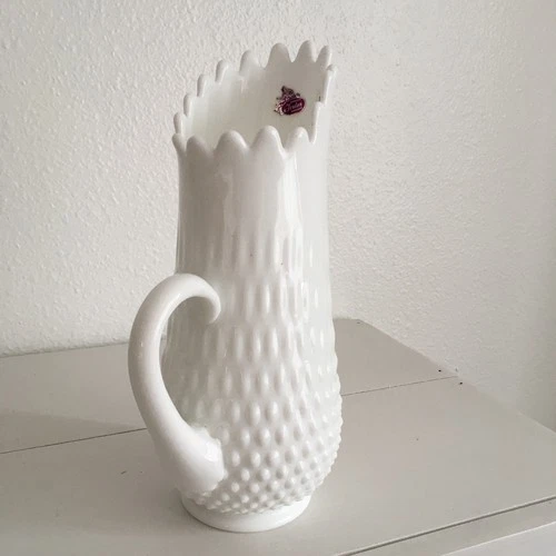 Fenton Hobnail Milk Glass Swung Pitcher 11” Vintage Orig Sticker White Drip Vase