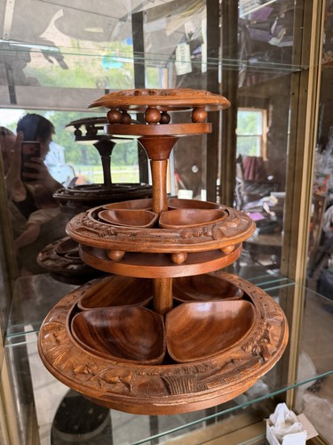 Vintage Hand Carved Wood Monkey Pod 3-Tiered Lazy Susan Beautiful