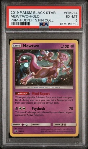 2019 POKEMON SM PROMO HIDDEN FATES PIN COLLECTION #SM214 MEWTWO-HOLO PSA 6