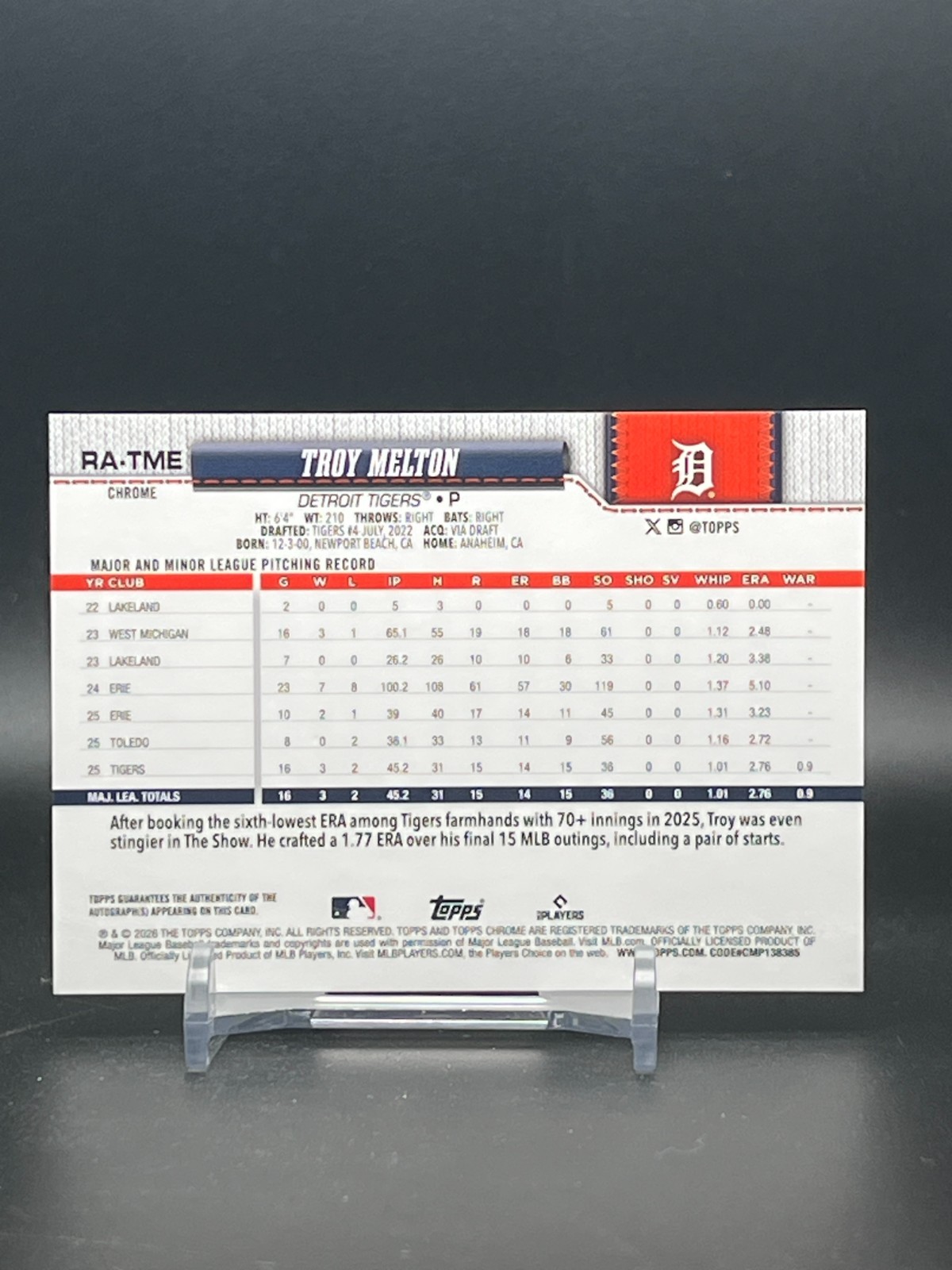 Troy Melton 2026 Topps Chrome Baseball Rookie Gold Refractor OnCard Auto #16/50 view 2