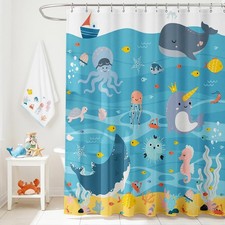 Kids Shower Curtain Fun Whale Shower Curtain with 12 Hooks Cartoon Blue Sea Ocea