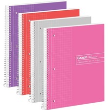 Graph Paper Spiral Notebook 4 Pack, Quad Ruled Grid, 4 Squares per Inch