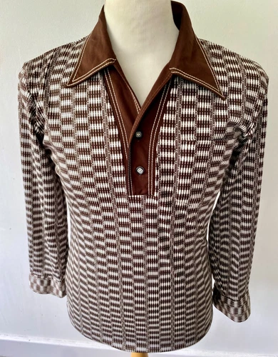 Vintage mens 70s BROWN STRIPE DAGGER COLLAR FITTED MOD LONG SLEEVE SHIRT 38"