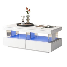 Couchtisch mit 2 Schubladen RGB LED Beleuchtung Wohnzimmer Hochglanz Weiß Sofati