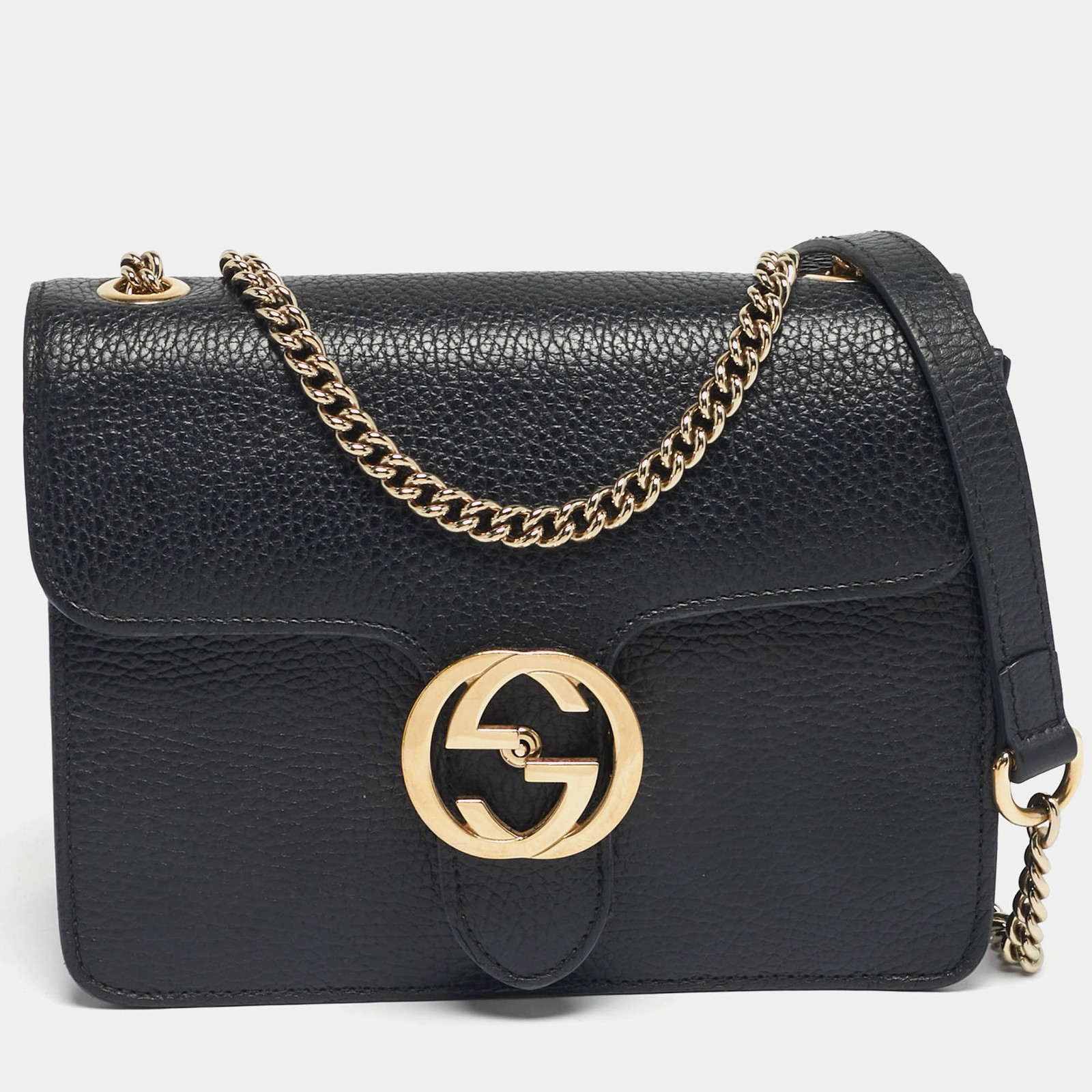 Gucci Black Leather Dollar Interlocking G Shoulder Bag