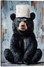 Funny Bear Canvas Wall Art - Black Bear with Toilet Paper Humorous Bathroom Deco